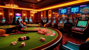 Joueurs engagés dans un luxueux casino en ligne français avec des tables vibrantes et un gameplay dynamique.