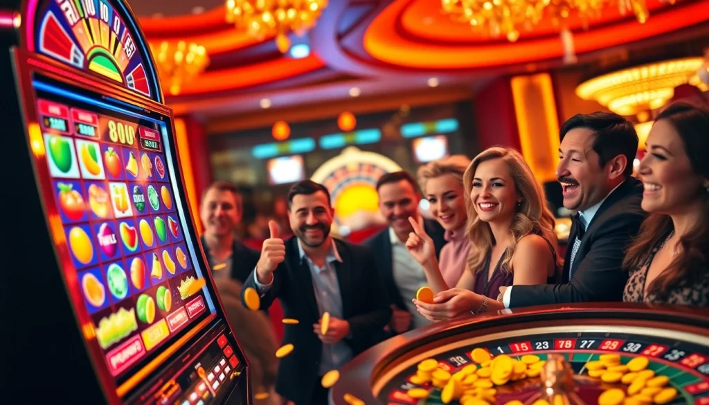 Excited players celebrating on a colorful slot gacor machine in a luxurious casino setting.