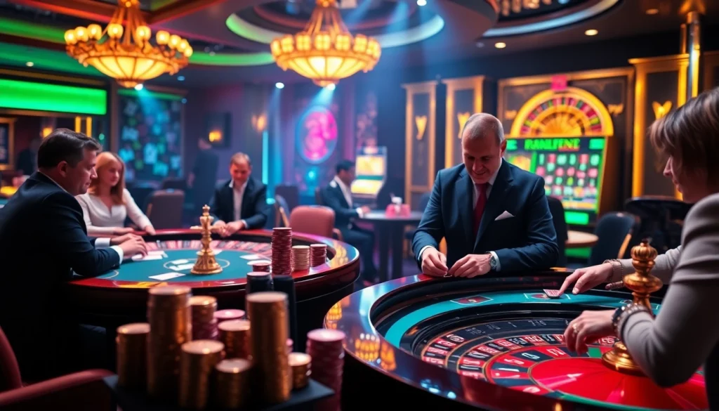 Scène captivante d'un casino en ligne Français sophistiqué montrant l'excitation avec des tables de poker et de roulette.