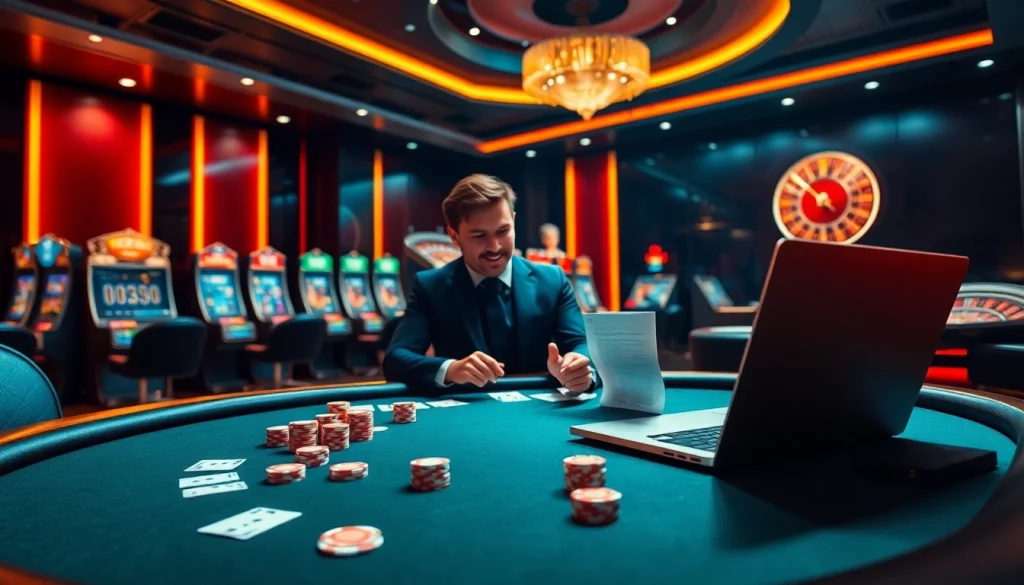 Élaboration de stratégies dans un casino en ligne Français, mettant en valeur des jetons de poker vibrants et l'excitation des jeux en ligne.