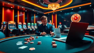 Élaboration de stratégies dans un casino en ligne Français, mettant en valeur des jetons de poker vibrants et l'excitation des jeux en ligne.