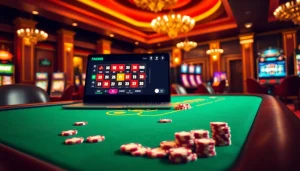 Atmosphère engageante de casino en ligne Français mettant en avant des tables de poker, des jetons et une roue de roulette.