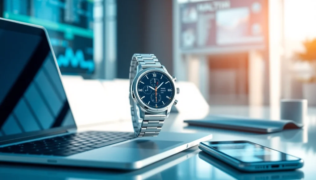 Finesse Smart Watch showcasing health metrics in a modern office environment.