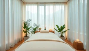 편안한 조명과 마사지 치료를 위한 요소들이 갖춰진 휴식 공간의 마사지 룸.