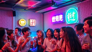 친구들과 함께 노래하며 밤문화를 즐기는 활기찬 제주도유흥 노래방 장면.