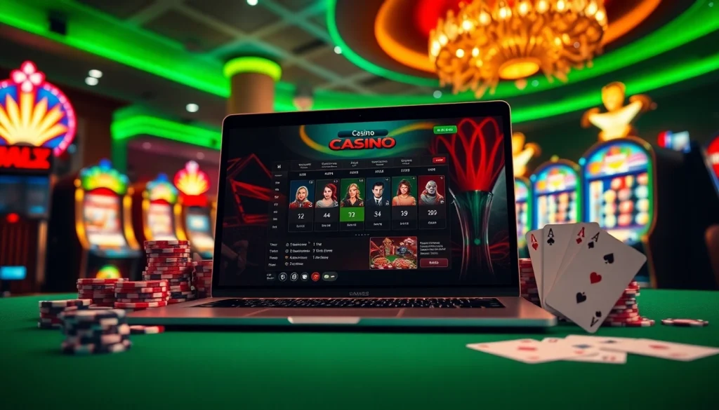 Scène engageante de casino en ligne Français mettant en avant un ordinateur portable entouré de jetons de poker vibrants et de cartes classiques.