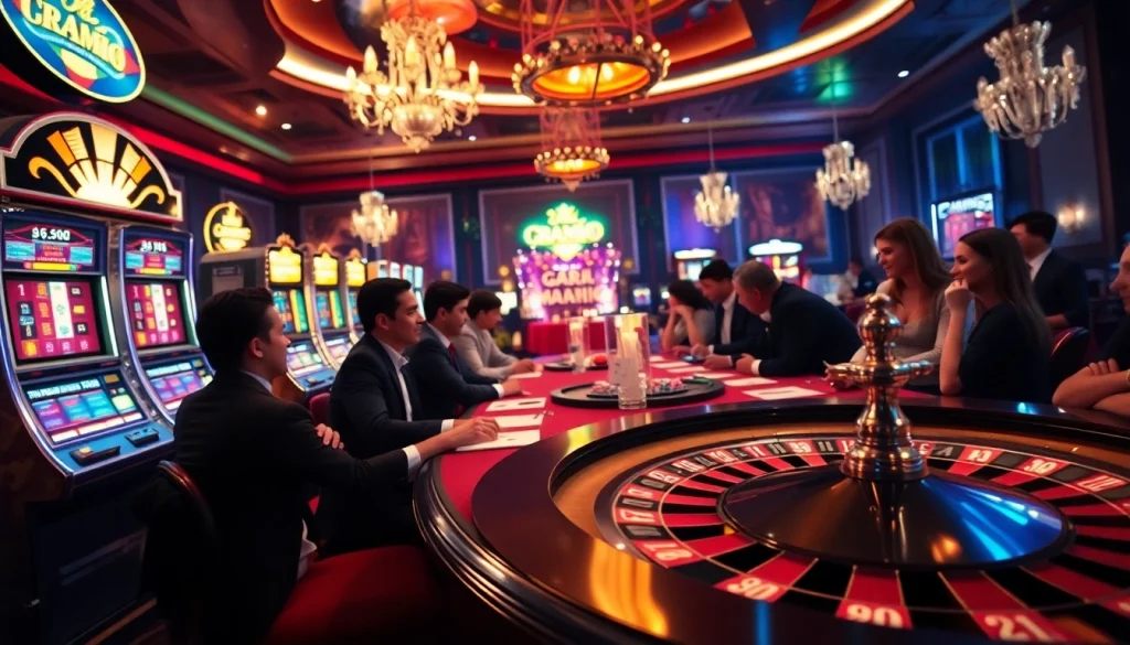 Vivez des moments passionnants dans un luxueux casino en ligne Français avec des tables de poker, des roues de roulette et des joueurs enthousiastes.