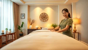 수원출장마사지의 휴식 장면. 젊은 태국 치료사가 차분한 세션을 준비 중입니다.