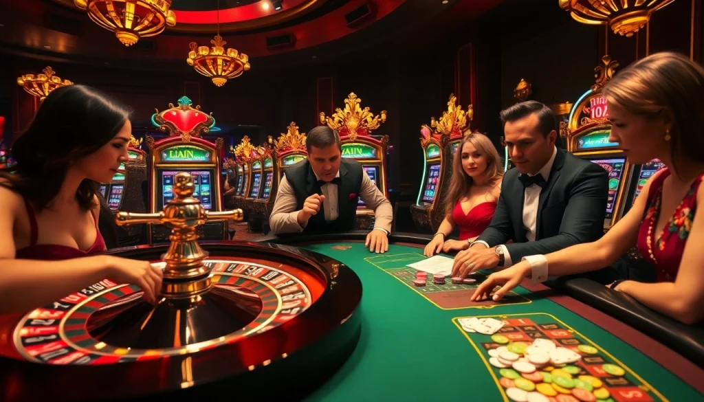 Vivez le frisson du casino en ligne français avec des joueurs pariant à une table de roulette luxueuse.