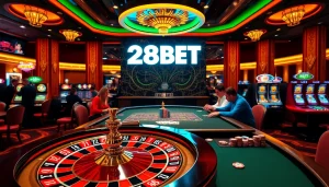Engaging poker game with intense players and 28BET branding in a vibrant casino atmosphere.