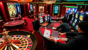 Jeux passionnants dans un casino en ligne Français avec des tables de poker et des roues de roulette vibrantes.