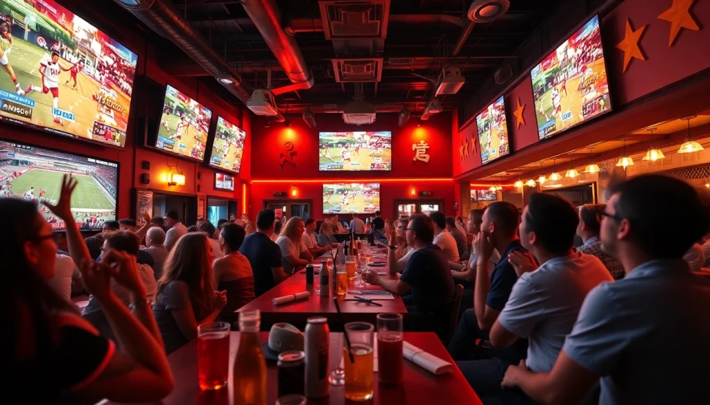 Excited fans enjoying a live sports event at 토토스토리 sports bar with vibrant energy.