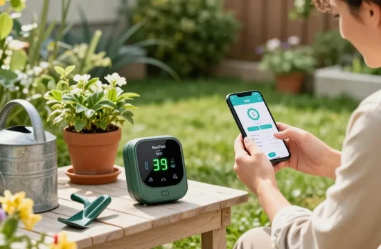 Homeowner using RainPoint WiFi water timer in vibrant garden, smart gardening.
