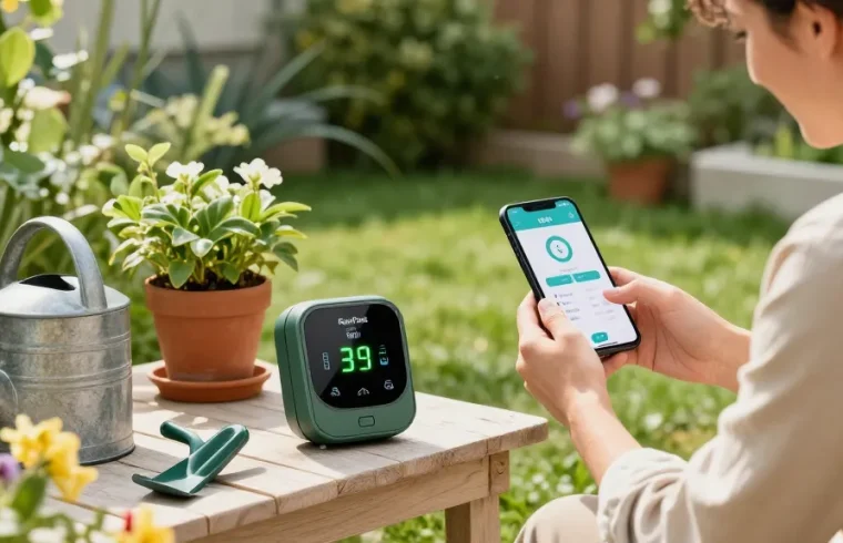 Homeowner using RainPoint WiFi water timer in vibrant garden, smart gardening.