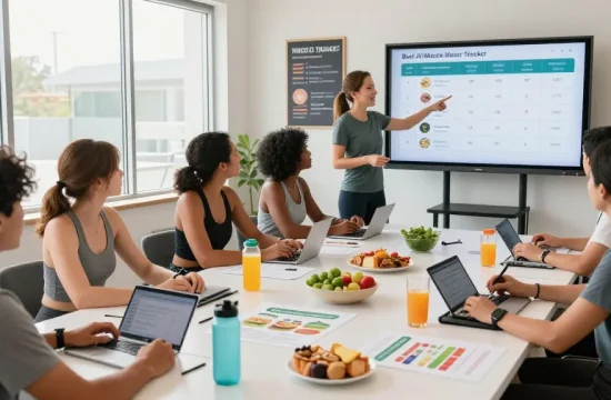 Participants engaged in a macro tracking workshop using the best AI macro tracker apps in a bright, modern fitness studio.