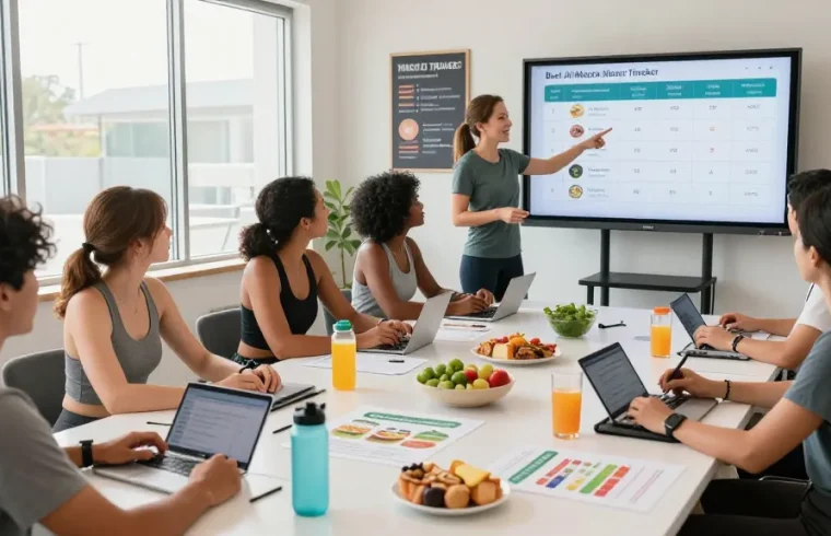Participants engaged in a macro tracking workshop using the best AI macro tracker apps in a bright, modern fitness studio.